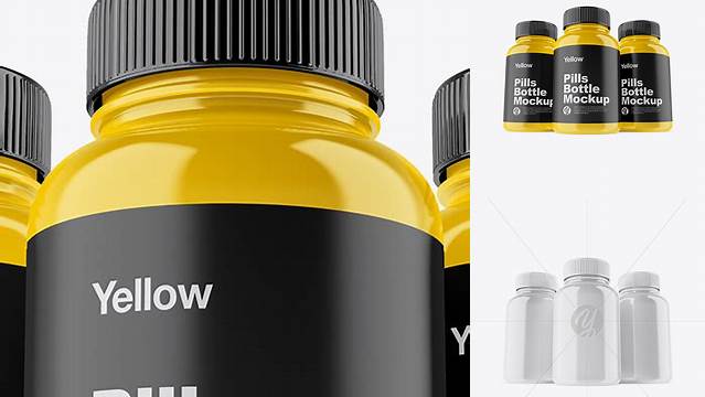 7175+ Three Glossy Pills Bottles PSD Mockup Front View Hero Shot Advanced and Editable PSD Template Free