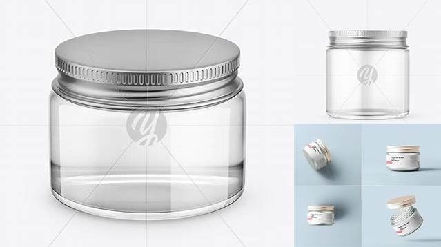 7189+ Clear Glass Cosmetic Jar with Metallic Cap PSD Mockup Front View Layered PSD File Free Download