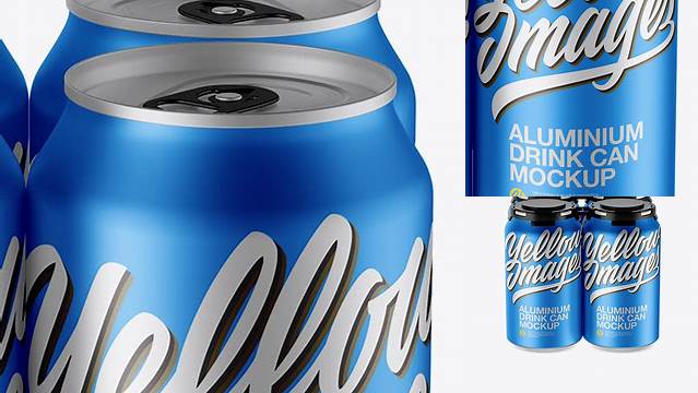 7196+ Pack of 4 Matte Metallic Cans with Plastic Holder PSD Mockup Front View High Angle Shot Smart PNG Image