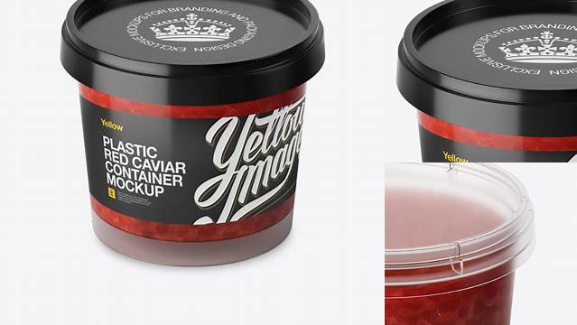 7205+ Glossy Plastic Container With Red Caviar PSD Mockup High-Angle Shot Elegant High-Resolution Design File