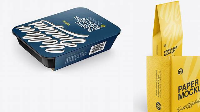 7205+ Paper Bag with Label PSD Mockup Half Side View High Angle Shot High Resolution