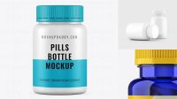 7206+ Blue Pills Bottle PSD Mockup Front View High-Angle Shot Free Download Design Mockup