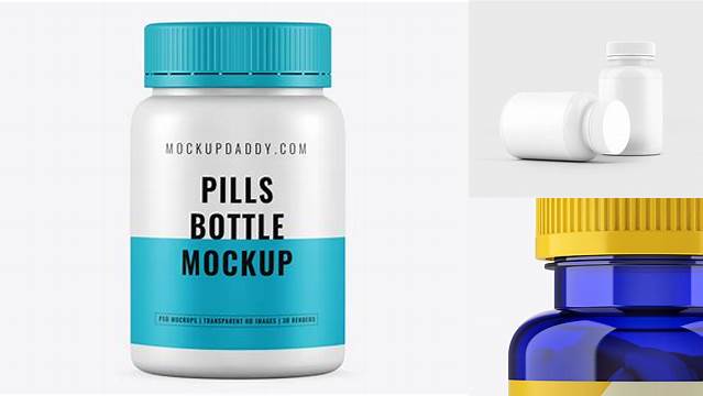 7206+ Blue Pills Bottle PSD Mockup Front View High-Angle Shot Free Download Design Mockup