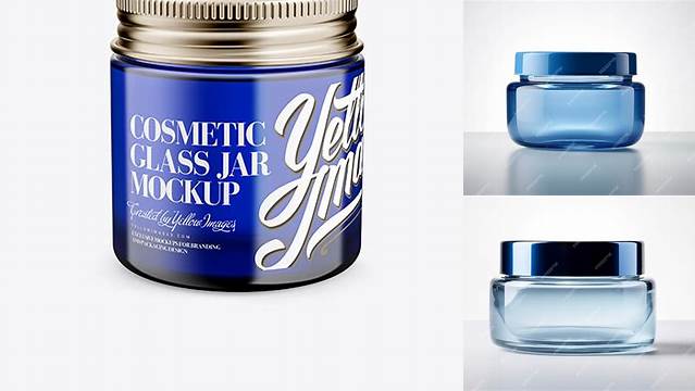 7220+ Blue Glass Cosmetic Jar Front View High Angle Shot Exclusive Layered PSD Mockup