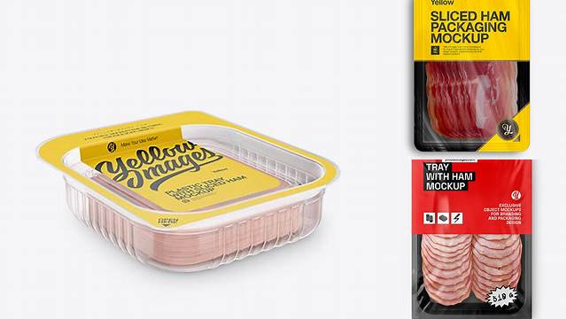 7231+ Plastic Tray with Sliced Ham PSD Mockup Half Side View Photoshop Resource Free