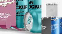 7234+ Carton Carrier with 4 Matte Metallic Cans PSD Mockup Front View Stylish Free PSD