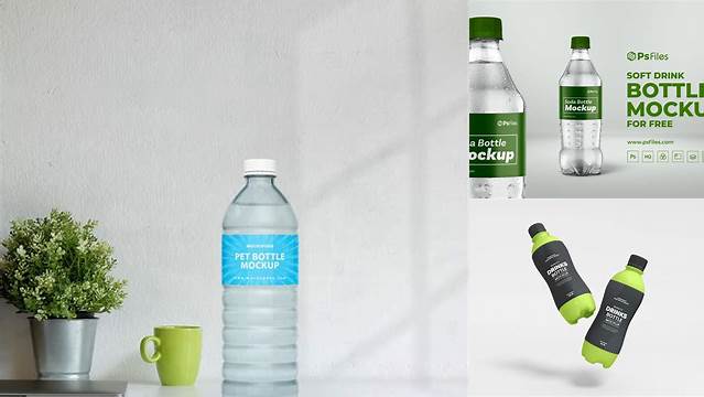 7252+ Green PET Bottle With Drink PSD Mockup Advanced Editable PSD