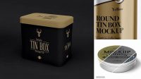 727+ Metallic Tin Can Box PSD Mockup Front View High-Angle Shot Smart Object Free Photoshop File