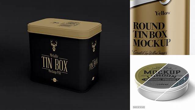 727+ Metallic Tin Can Box PSD Mockup Front View High-Angle Shot Smart Object Free Photoshop File