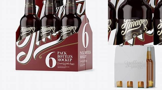 7272+ White Paper 6 Pack Amber Bottle Carrier PSD Mockup Halfside View High Angle Shot Easy-to-Use PSD Template