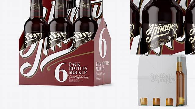 7272+ White Paper 6 Pack Amber Bottle Carrier PSD Mockup Halfside View High Angle Shot Easy-to-Use PSD Template