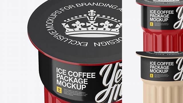 7281+ Glossy Ice Coffee 3 K-Cups Package PSD Mockup Front View High-Angle Shot Creative High-Resolution PSD Freebie