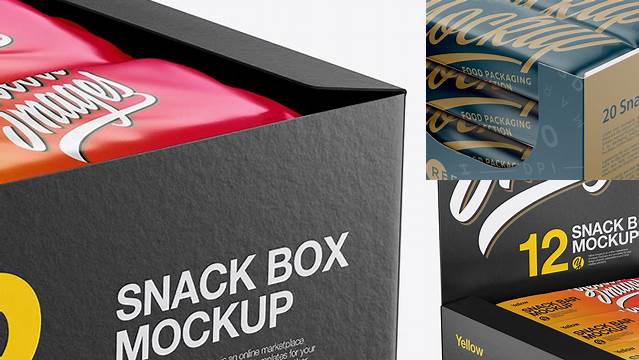 7300+ 20 Snack Bars Display Box PSD Mockup Halfside View High-Angle Shot Professional PSD Mockup