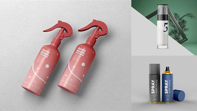 7305+ Metallic Cosmetic Spray Bottle PSD Mockup Front View Digital Photoshop Free Mockup