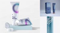 7311+ Metallic Cosmetic Tube With A Box PSD Mockup Halfside View Free Editable Photoshop Template