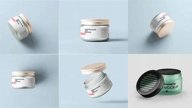 7340+ Frosted Glass Cosmetic Jar with Metallic Cap PSD Mockup Front View Editable Photoshop Free Mockup