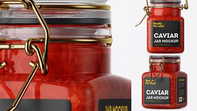 7374+ 100ml Glass Red Caviar Jar with Clamp Lid PSD Mockup Halfside View Digital Photoshop Free Mockup