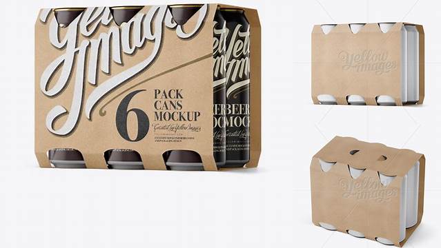 7388+ Kraft 6 Pack Cans PSD Mockup Halfside View Eye-Level Shot High-Quality Creative PSD