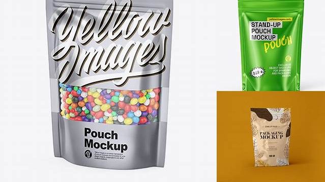 7392+ Metallic Stand-Up Pouch With Candies PSD Mockup Front View Free PSD for Designers