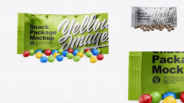 7395+ Metallic Snack Bag With Candies PSD Mockup Front View Unique and Creative Free PSD File