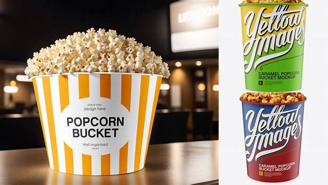 7409+ Matte Bucket with Caramel Popcorn PSD Mockup Front View Exclusive Free Photoshop Mockup