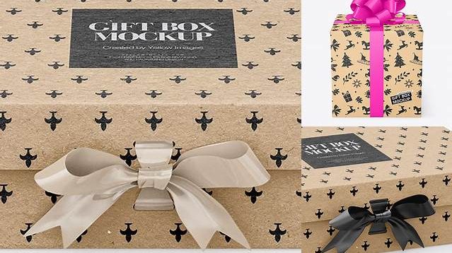 7415+ Kraft Gift Box With Bow PSD Mockup Front View High-Angle Shot Elegant and Versatile PSD Resource