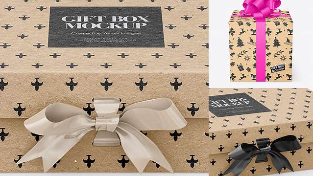 7415+ Kraft Gift Box With Bow PSD Mockup Front View High-Angle Shot Elegant and Versatile PSD Resource