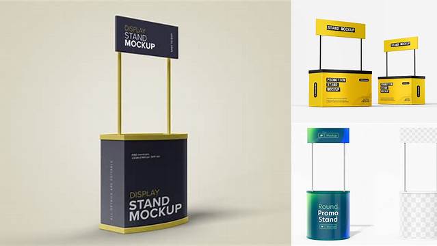 7439+ Promo Stand PSD Mockup Half Side View High Angle Shot Customizable Photoshop Template