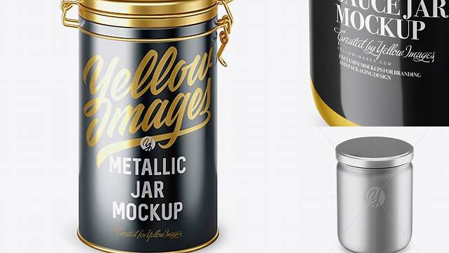 7448+ Matte Metallic Sauce Jar PSD Mockup High Angle Shot Editable Design PSD File