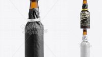 7455+ 33cl Long Neck Beer Bottle Wrapped in Black Paper with Ribbon PSD Mockup High-Quality Design Free PSD