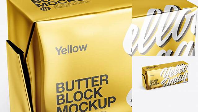 7461+ 200g Metallic Butter Block PSD Mockup Half Side View High-Angle Shot High-Quality Creative PSD