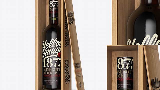 7462+ Dark Green Glass Wine Bottle In Open Wooden Box PSD Mockup Half Side View Versatile Mockup for Designers