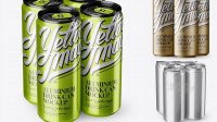 7475+ 4 Metallic Aluminium Cans PSD Mockup Half Side View High Angle Shot Include TIFF