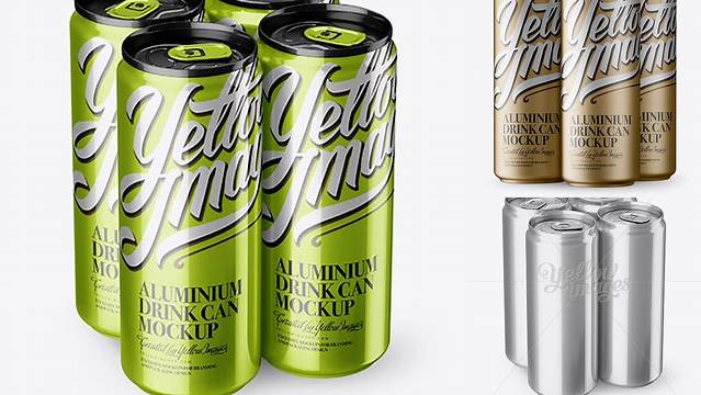 7475+ 4 Metallic Aluminium Cans PSD Mockup Half Side View High Angle Shot Include TIFF