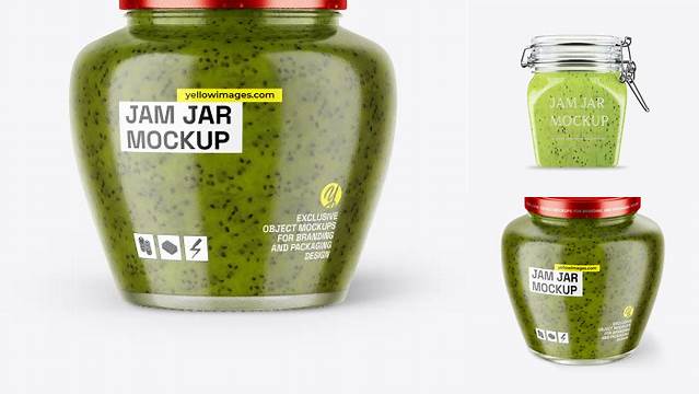 7487+ Clear Glass Jar with Kiwi Jam PSD Mockup Advanced Photoshop Design Free