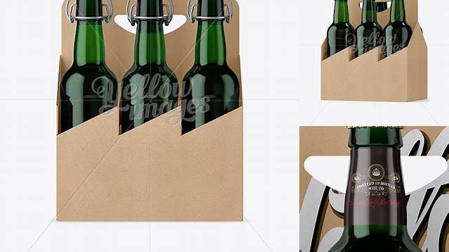 750+ Kraft Paper 6 Pack Green Bottle Carrier PSD Mockup Half Side View Editable Mockup PSD