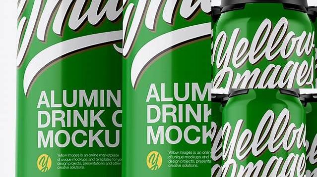 7507+ Pack of 3 Glossy Cans with Plastic Holder PSD Mockup Front View High-Resolution Graphic