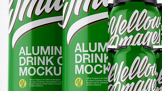 7507+ Pack of 3 Glossy Cans with Plastic Holder PSD Mockup Front View High-Resolution Graphic