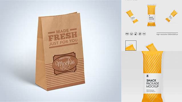 7520+ Kraft Paper Snack Package PSD Mockup Half Side View Free Mockup PSD Template