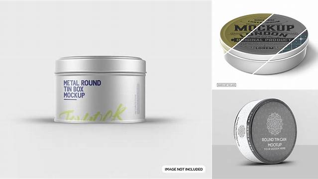 7550+ Four Metal Round Tin Boxes PSD Mockup Fully Customizable Photoshop Freebie