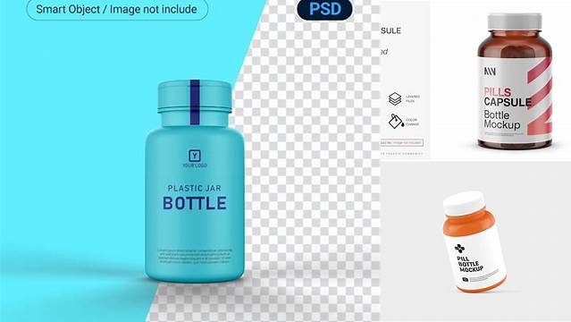 7553+ Glossy Plastic Pills Bottle PSD Mockup Front View High-Angle Shot Fully Editable PSD Template