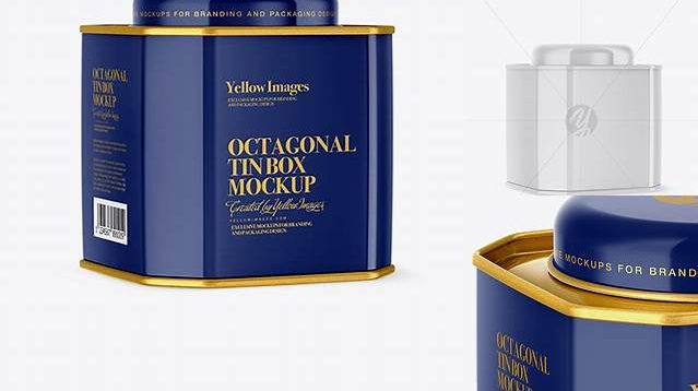 7570+ Glossy Octagonal Tin Box PSD Mockup Half Side View High-Angle Shot Exclusive and Stylish Design PSD