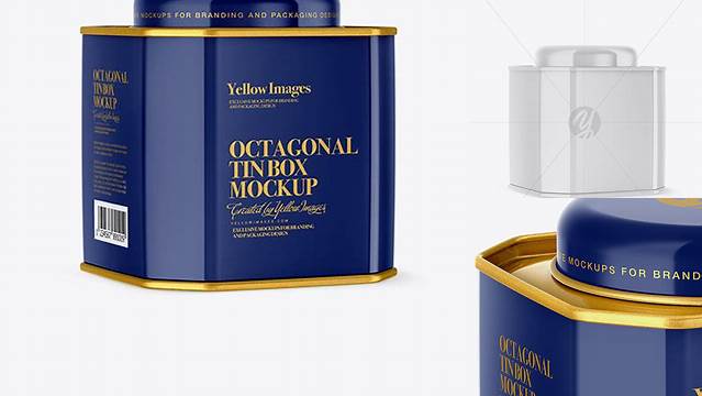 7570+ Glossy Octagonal Tin Box PSD Mockup Half Side View High-Angle Shot Exclusive and Stylish Design PSD