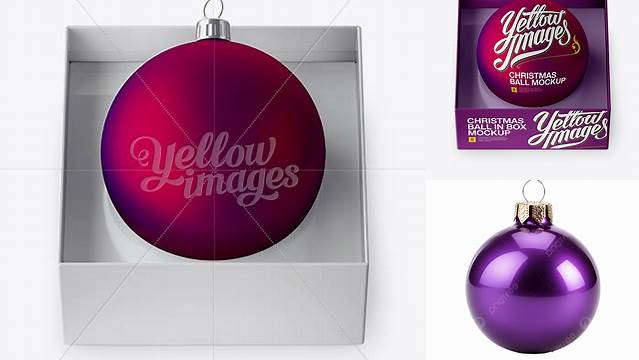 7571+ Matte Purple Christmas Ball in Paper Box PSD Mockup High-Angle Shot Photoshop PSD Free for Designers