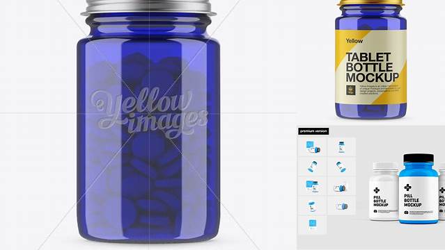 7582+ Blue Pill Bottle with Metal Cap PSD Mockup Front View Elegant Free Graphic Resource