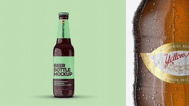 7592+ 22oz Amber Beer Bottle With Condensation PSD Mockup Downloadable PSD Design Template