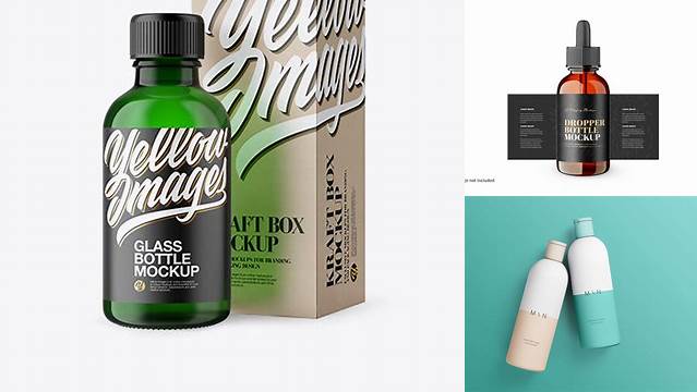 7600+ 50ml Green Glass ?osmetic Bottle with Kraft Box PSD Mockup High-End Creative PSD Template