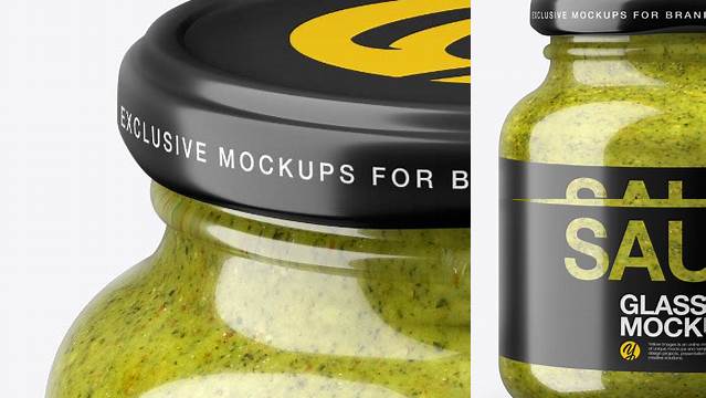 7602+ 120g Glass Jar in Shrink Sleeve with Pesto Sauce PSD Mockup High-Resolution PSD Download