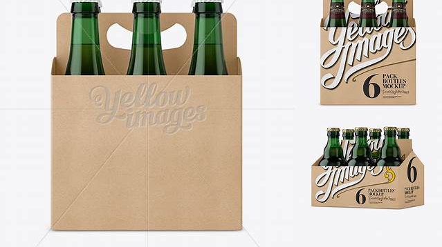 7619+ Kraft Paper 6 Pack Green Glass Bottle Carrier PSD Mockup Halfside View Free Graphic Design Resource