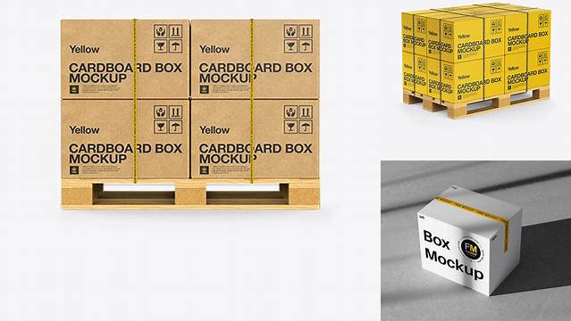 7630+ Wooden Pallet With 8 Paper Boxes PSD Mockup Half Side View Exclusive Free PSD Mockups